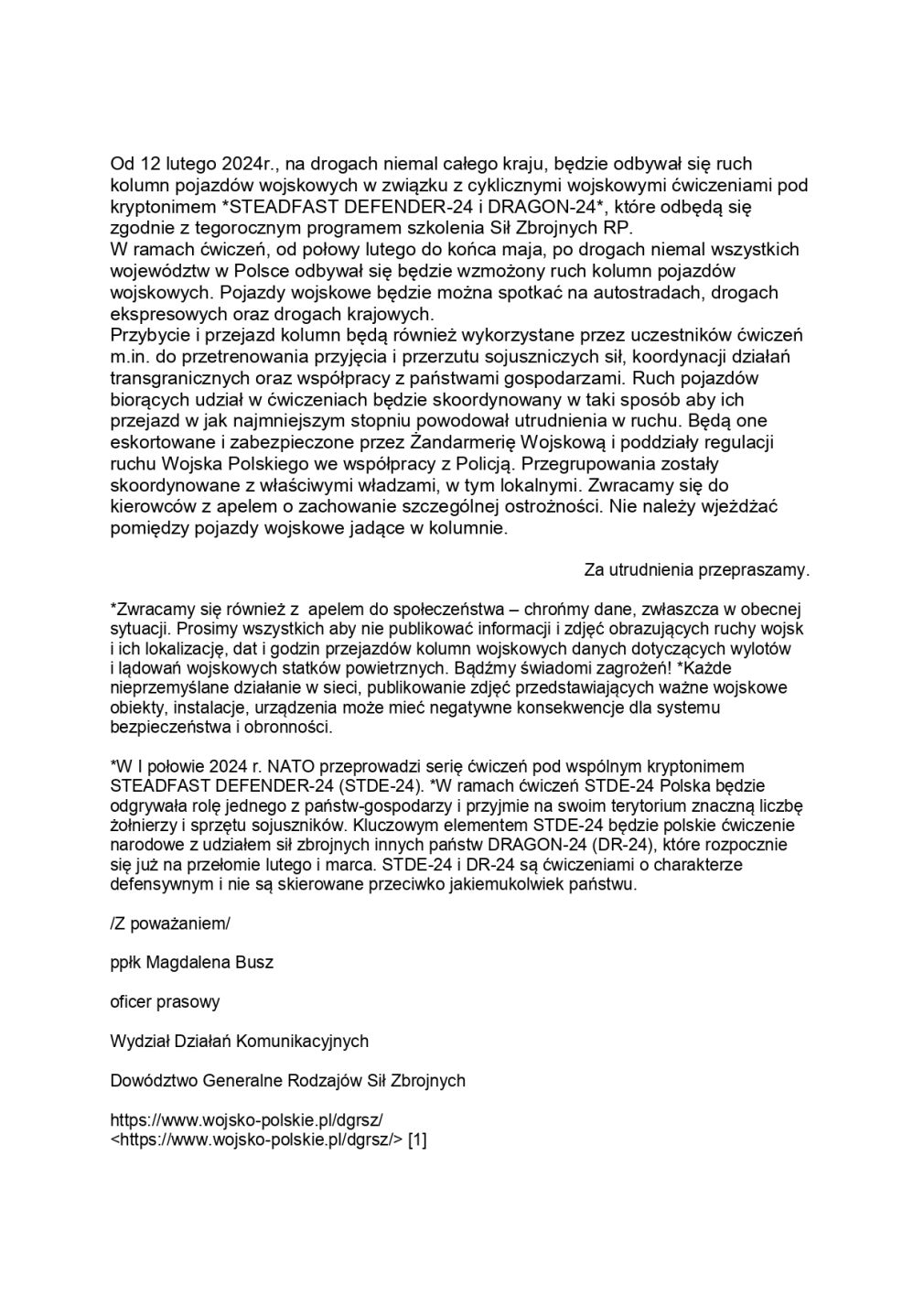 Informacja nt. wzmożonego ruchu pojazdów wojskowych