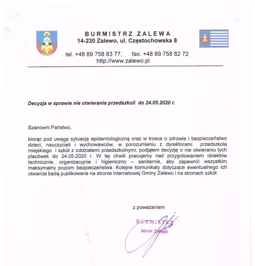 Decyzja Burmistrza w sprawie nie otwierania przedszkoli do dnia 24.05.2020 r.