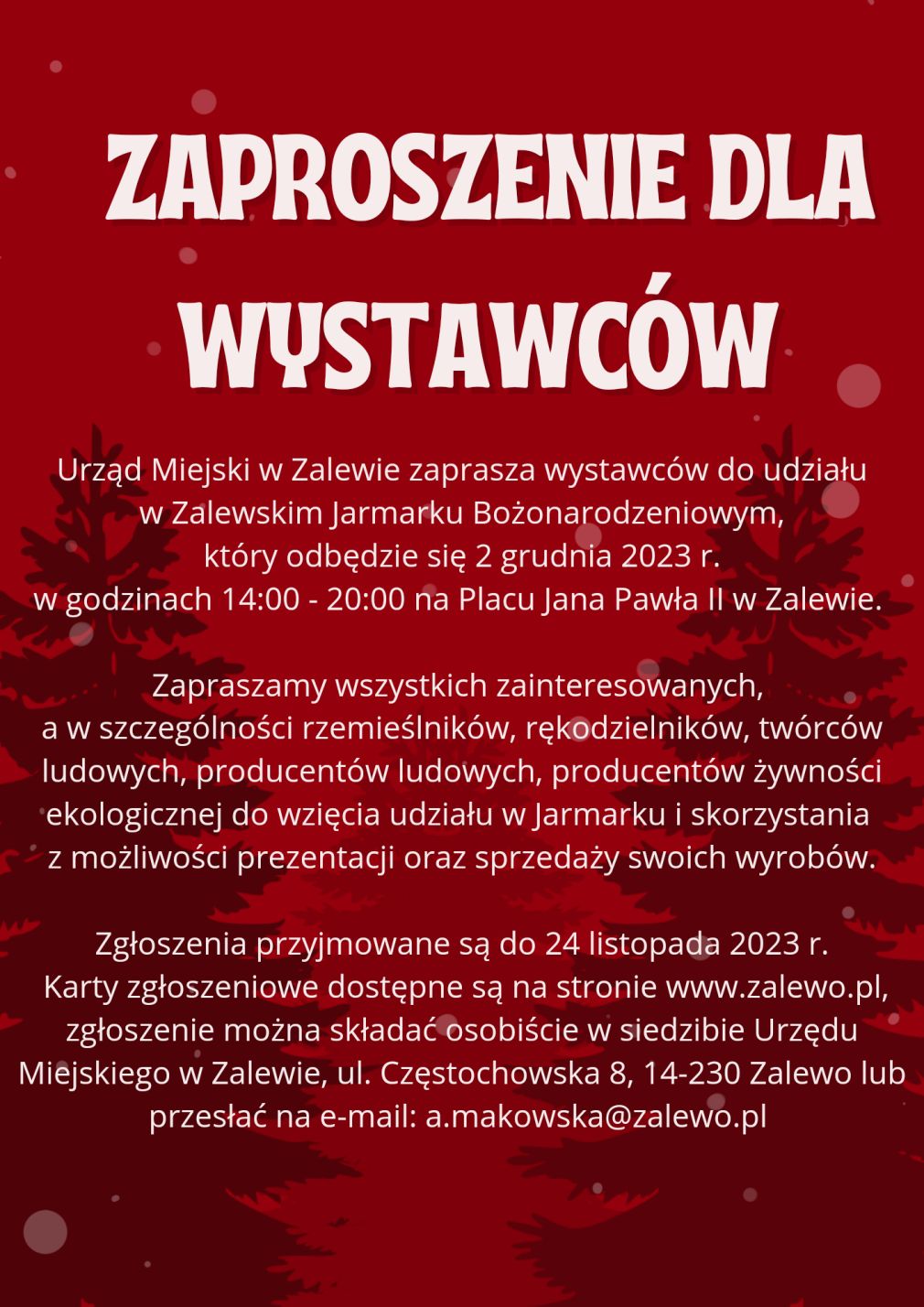 Zaproszenie dla wystawców do wzięcia udziału w Bożonarodzeniowym Jarmarku Zalewskim