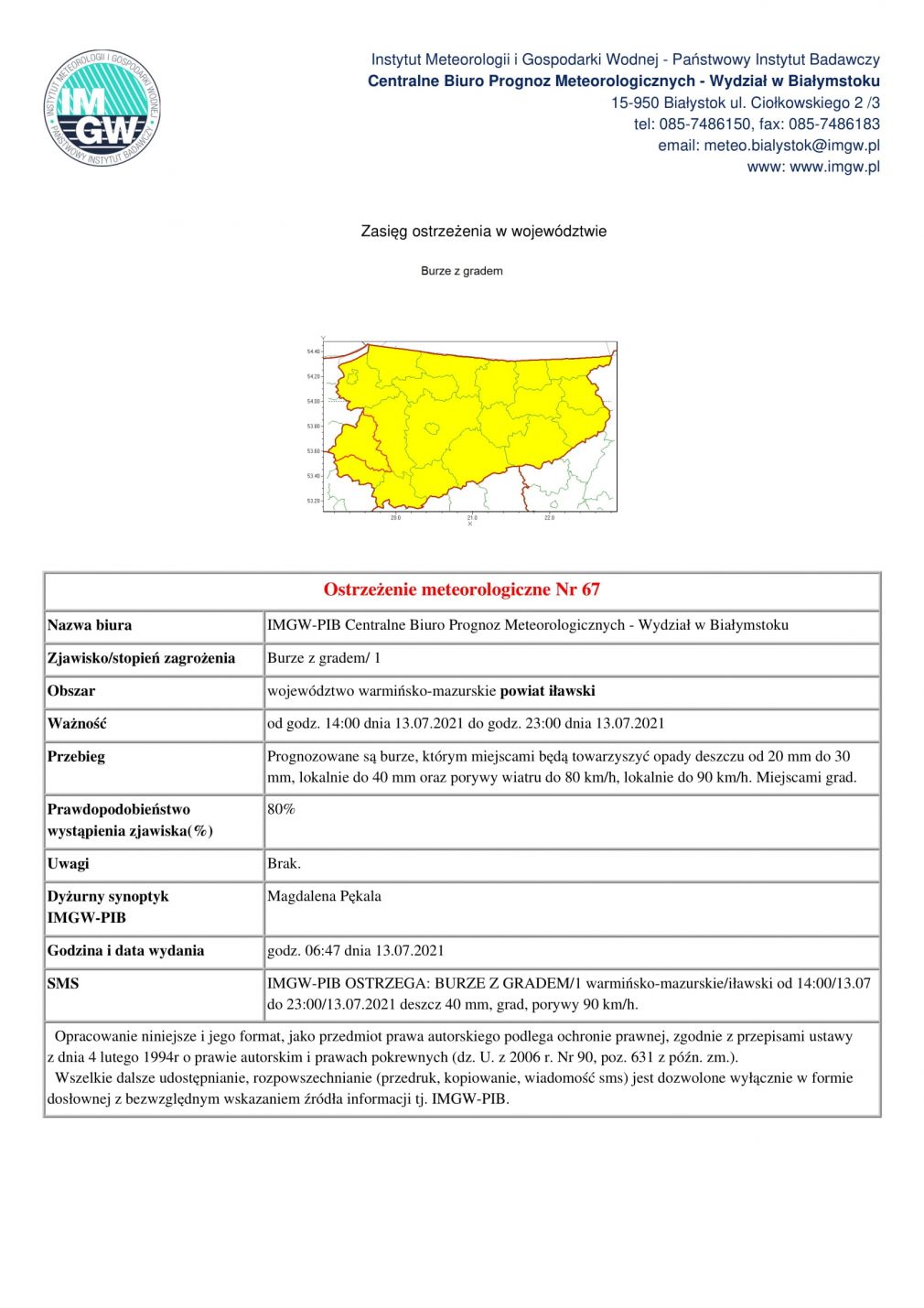 Ostrzeżenie meteorologiczne Nr 67