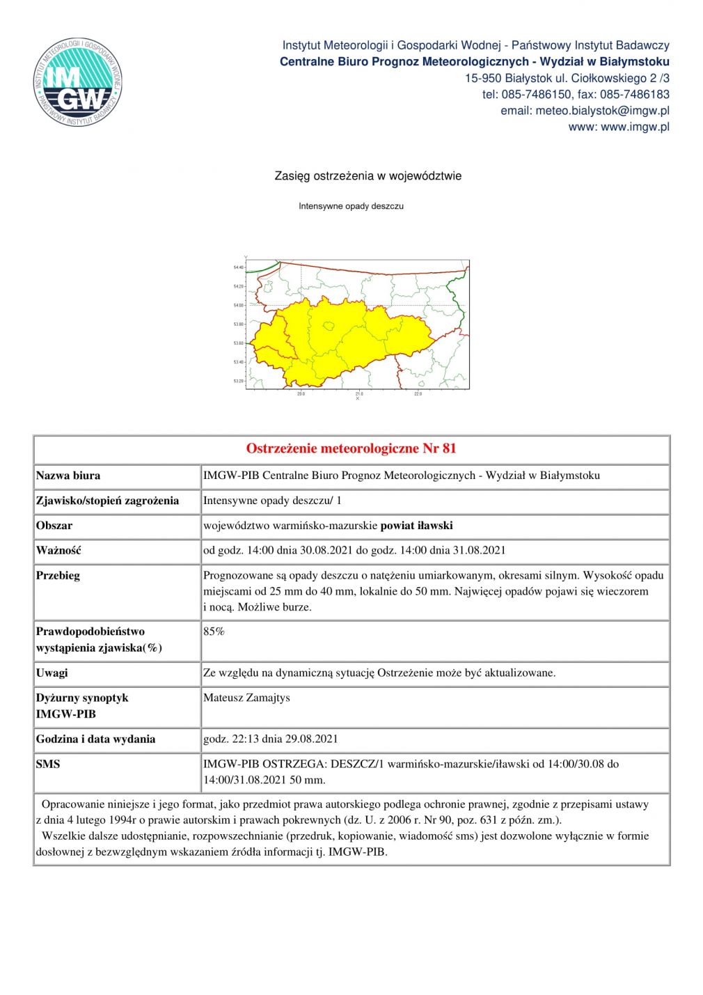 Ostrzeżenie meteorologiczne Nr 81