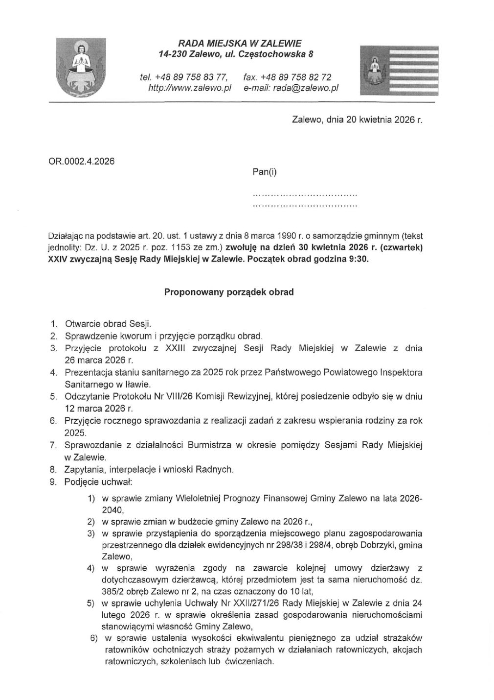 Zaproszenie na XXIV zwyczajną Sesję Rady Miejskiej w Zalewie - 30.04.2026 r.