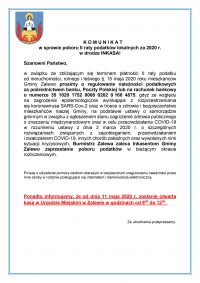 KOMUNIKAT w sprawie poboru II raty podatków lokalnych za 2020 r.