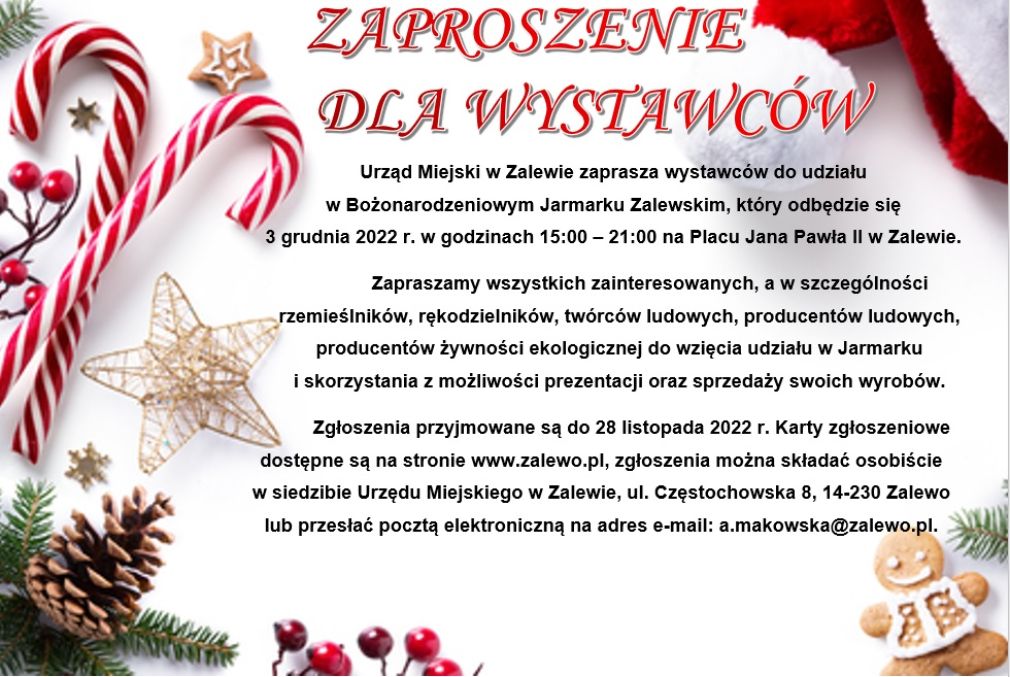 Zaproszenie dla wystawców do wzięcia udziału w Bożonarodzeniowym Jarmarku Zalewskim