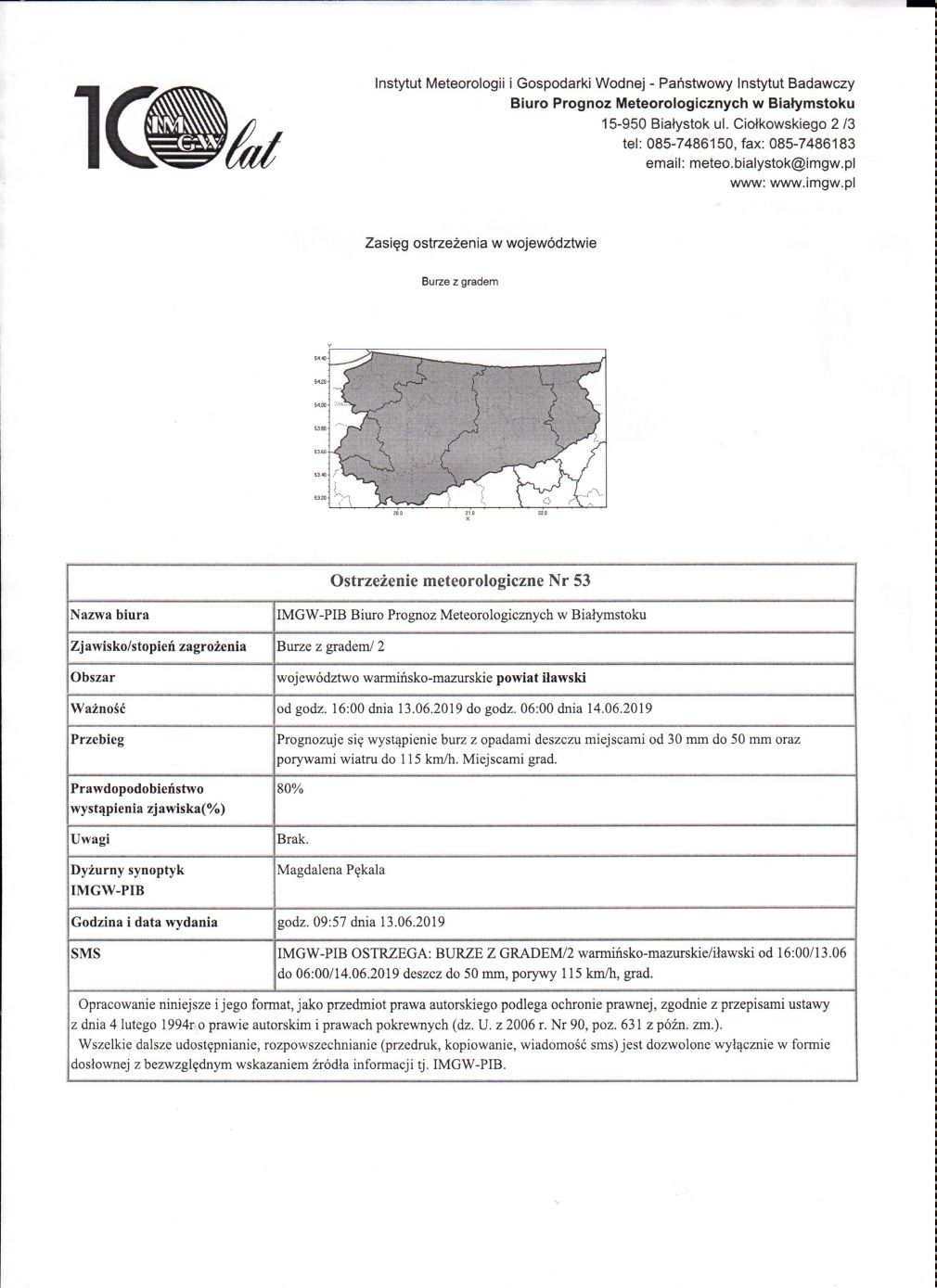 OSTRZEŻENIE METEOROLOGICZNE NR 53 z dnia 13.06.2019r.