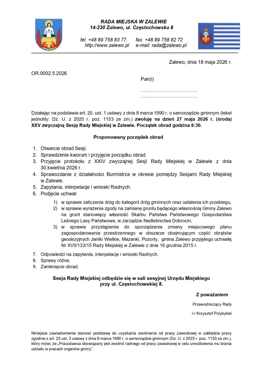 Zaproszenie na XXV zwyczajną Sesję Rady Miejskiej w Zalewie - 27.05.2026 r.