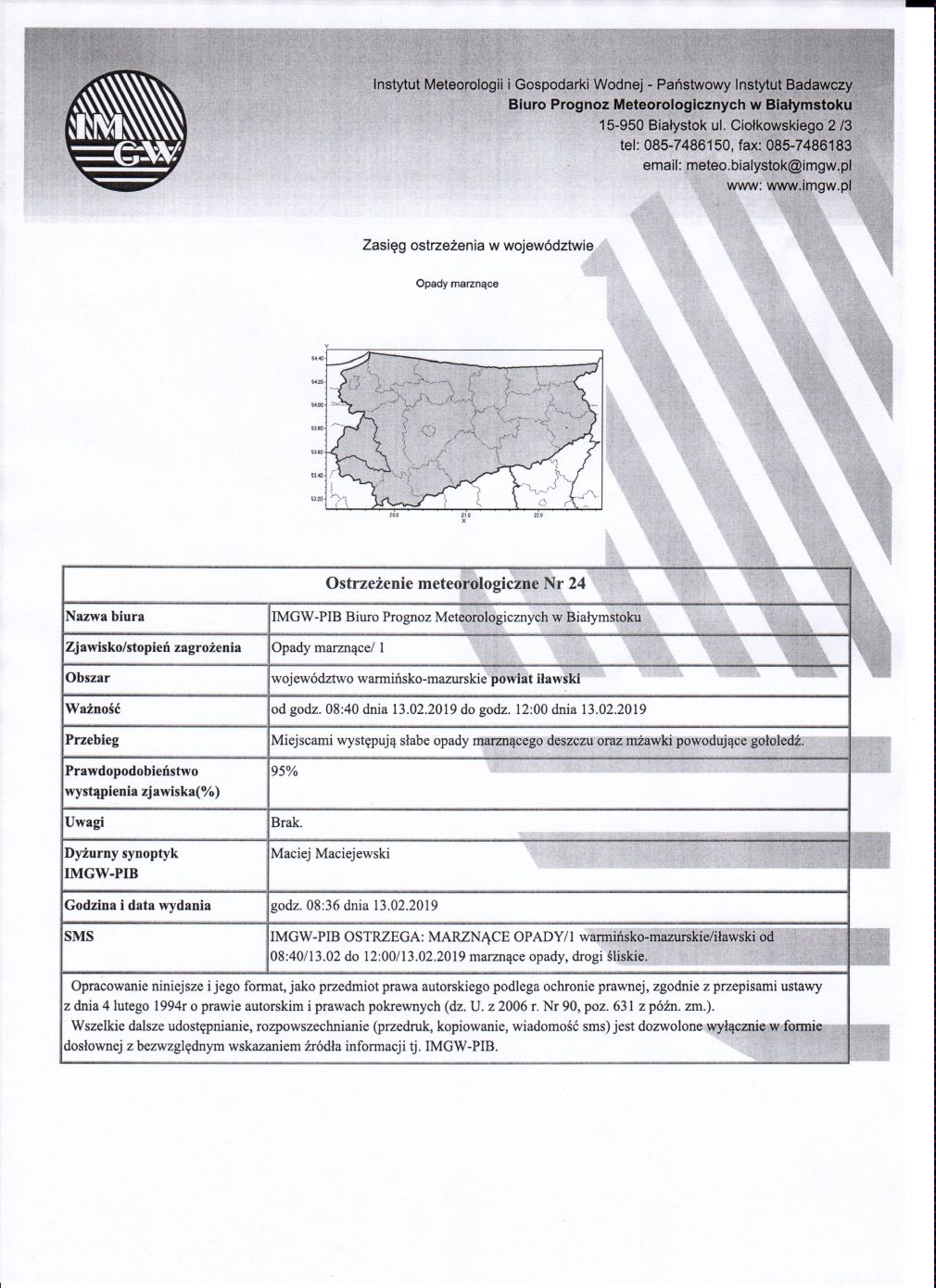 OSTRZEŻENIE METEOROLOGICZNE Nr 24