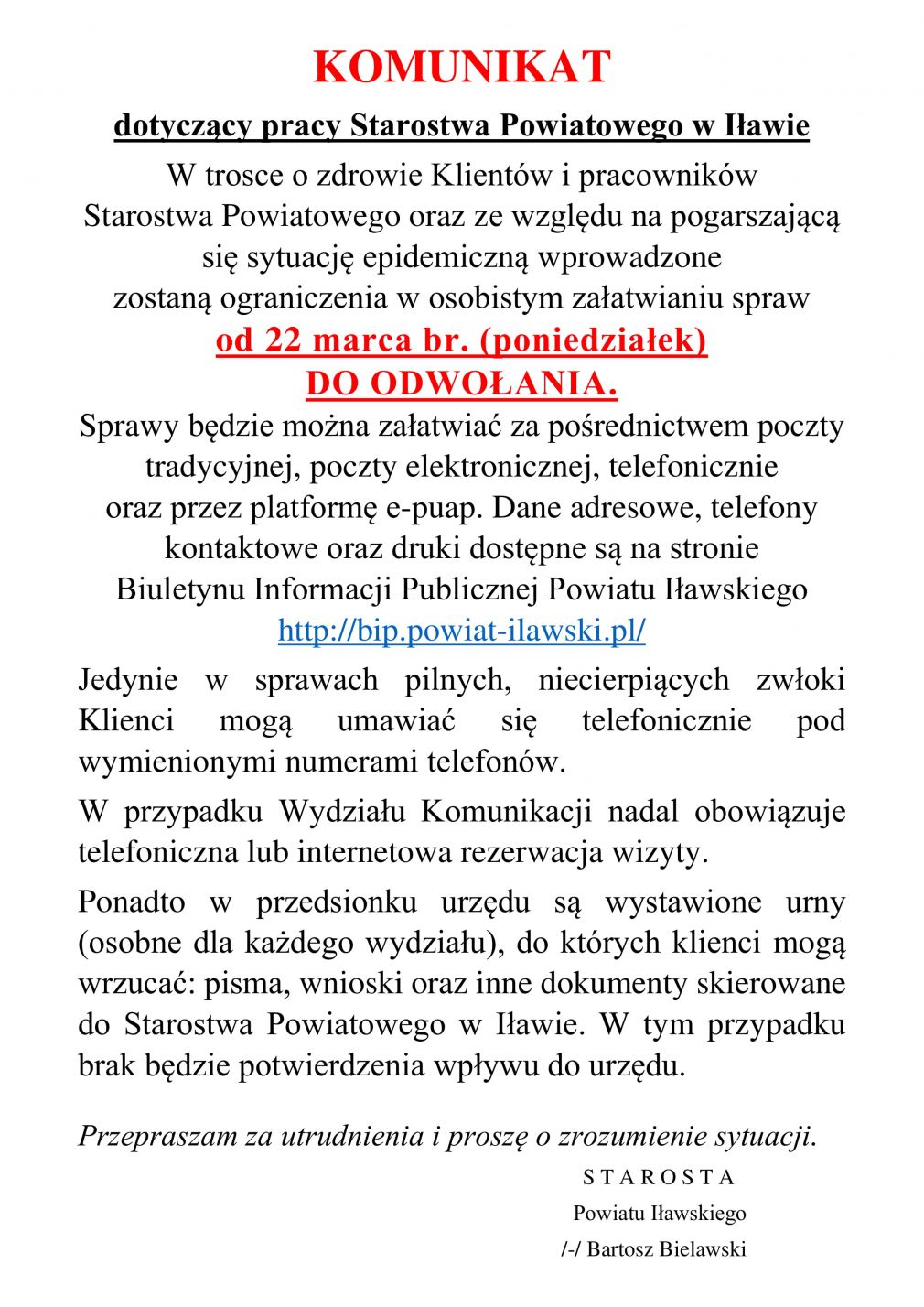 Komunikat dotyczący pracy Starostwa Powiatowego w Iławie