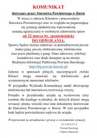 Komunikat dotyczący pracy Starostwa Powiatowego w Iławie