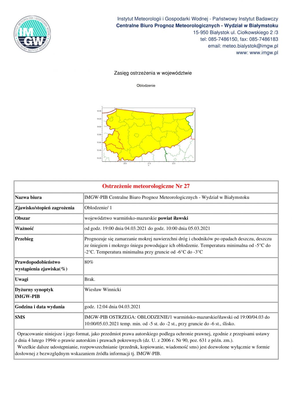 Ostrzeżenie meteorologiczne Nr 27