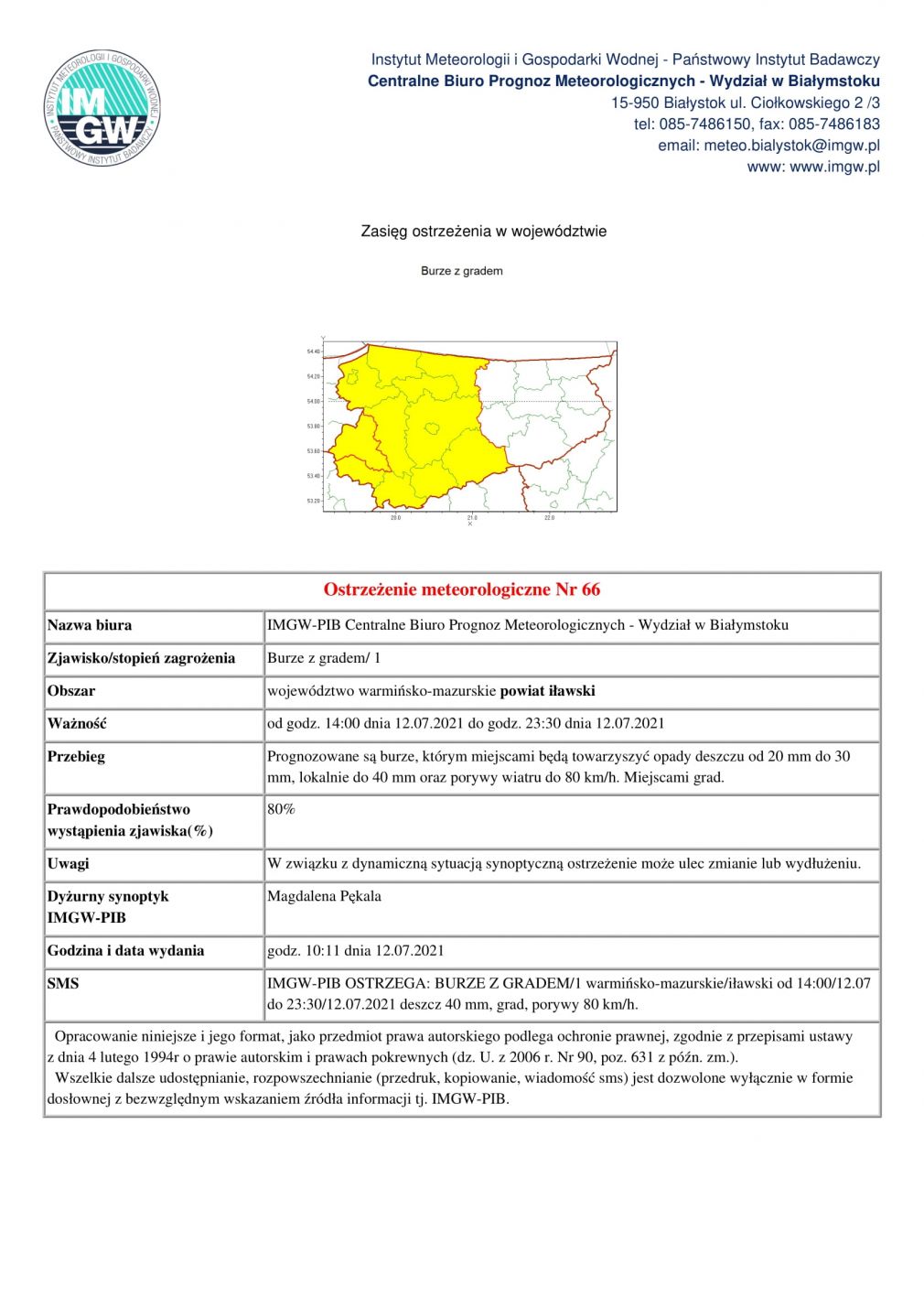 Ostrzeżenie meteorologiczne Nr 66