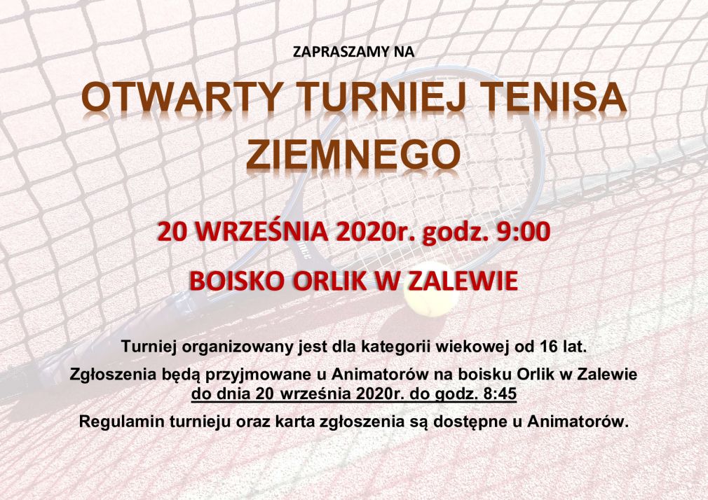 Zaproszenie na Otwarty Turniej Tenisa Ziemnego - 20 września 2020r.