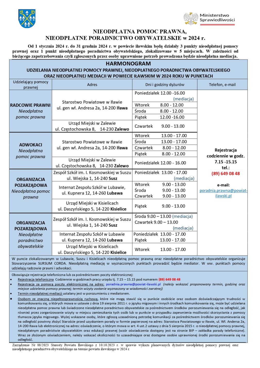 Harmonogram udzielenia nieodpłatnej pomocy prawnej, nieodpłatnego poradnictwa obywatelskiego, nieodpłatnej mediacji w powiecie iławskim w 2024 r.
