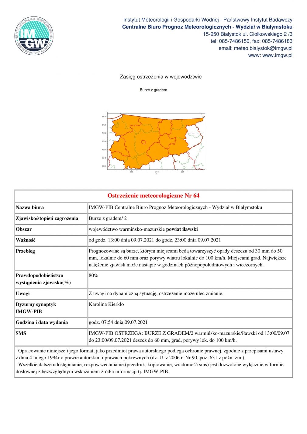 Ostrzeżenie meteorologiczne Nr 64