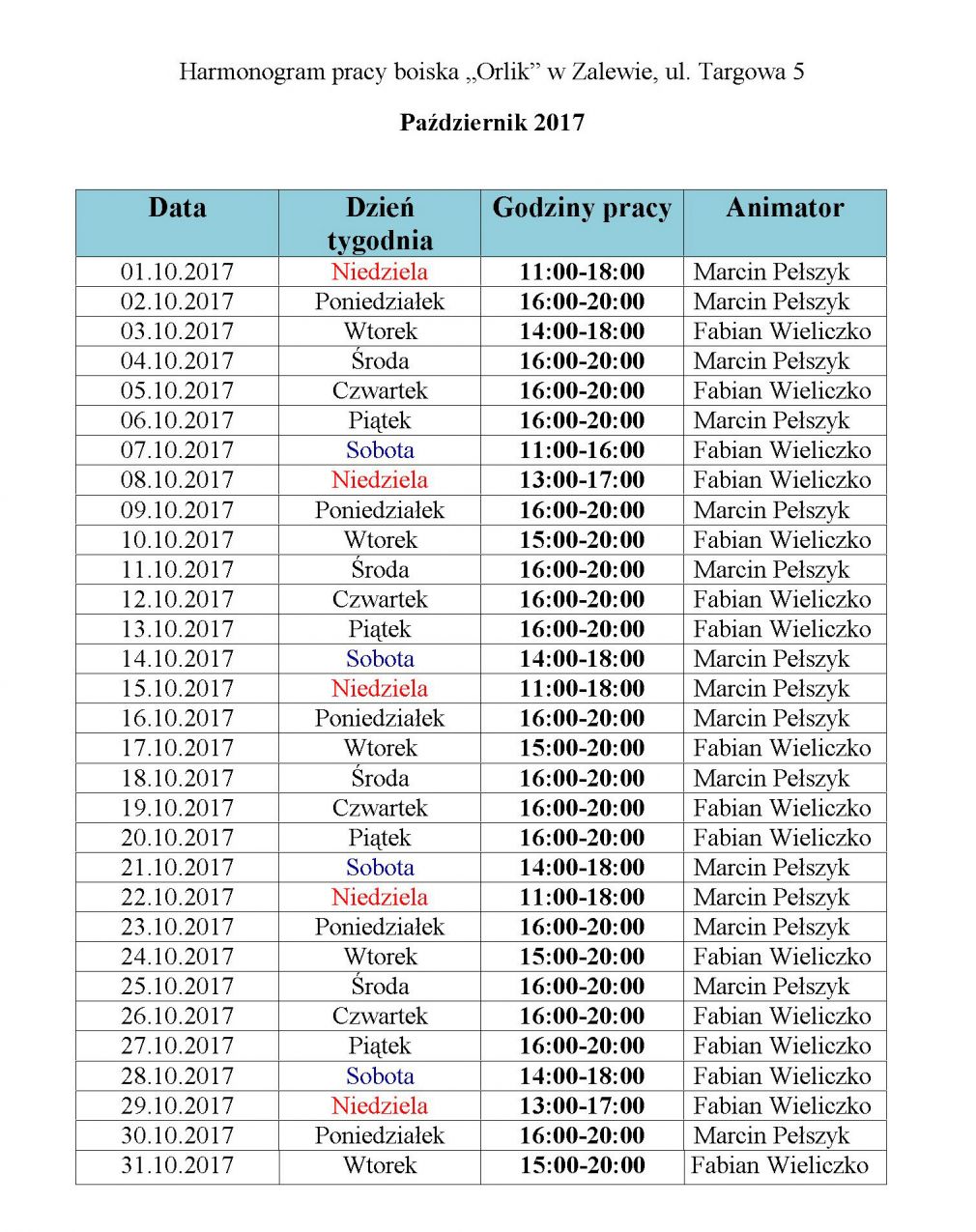 Harmonogram pracy Orlika w Zalewie  -PAŹDZIERNIK 2017