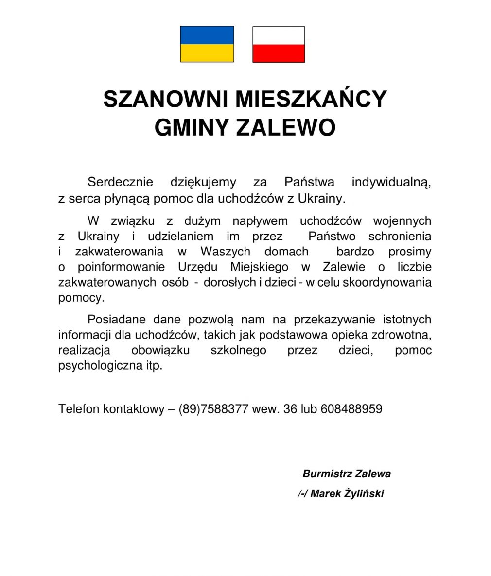 Prośba o informację nt. przebywania uchodźców na terenie Gminy Zalewo