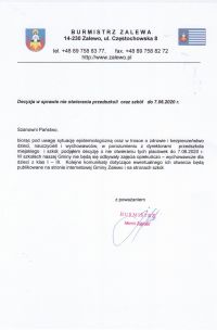 Decyzja Burmistrza w sprawie nie otwierania przedszkoli oraz szkół do dnia 7.06.2020 r.