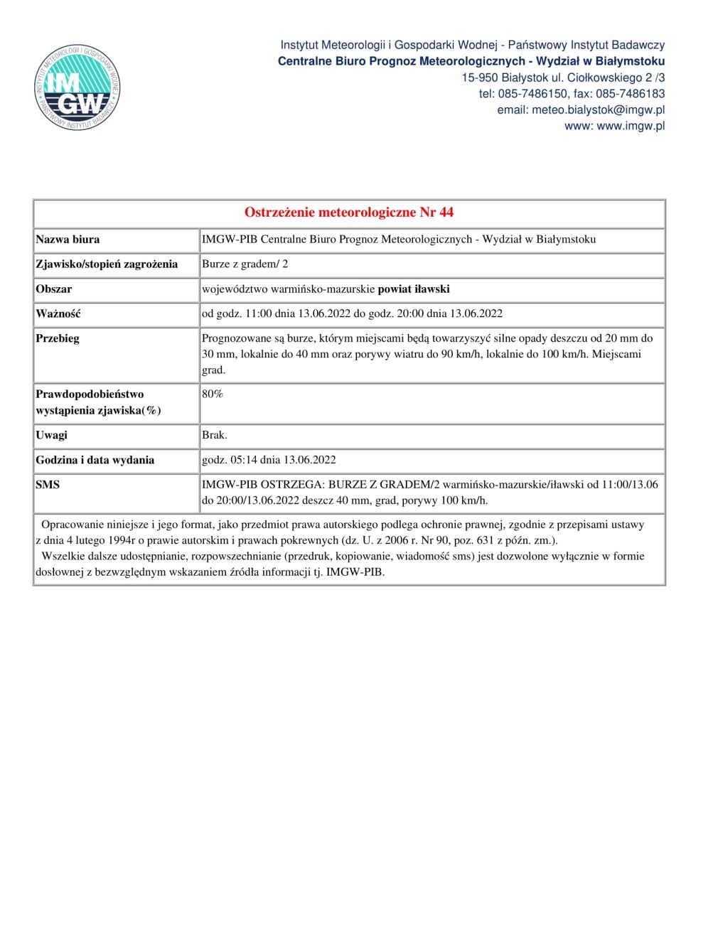 Ostrzeżenie meteorologiczne Nr 44