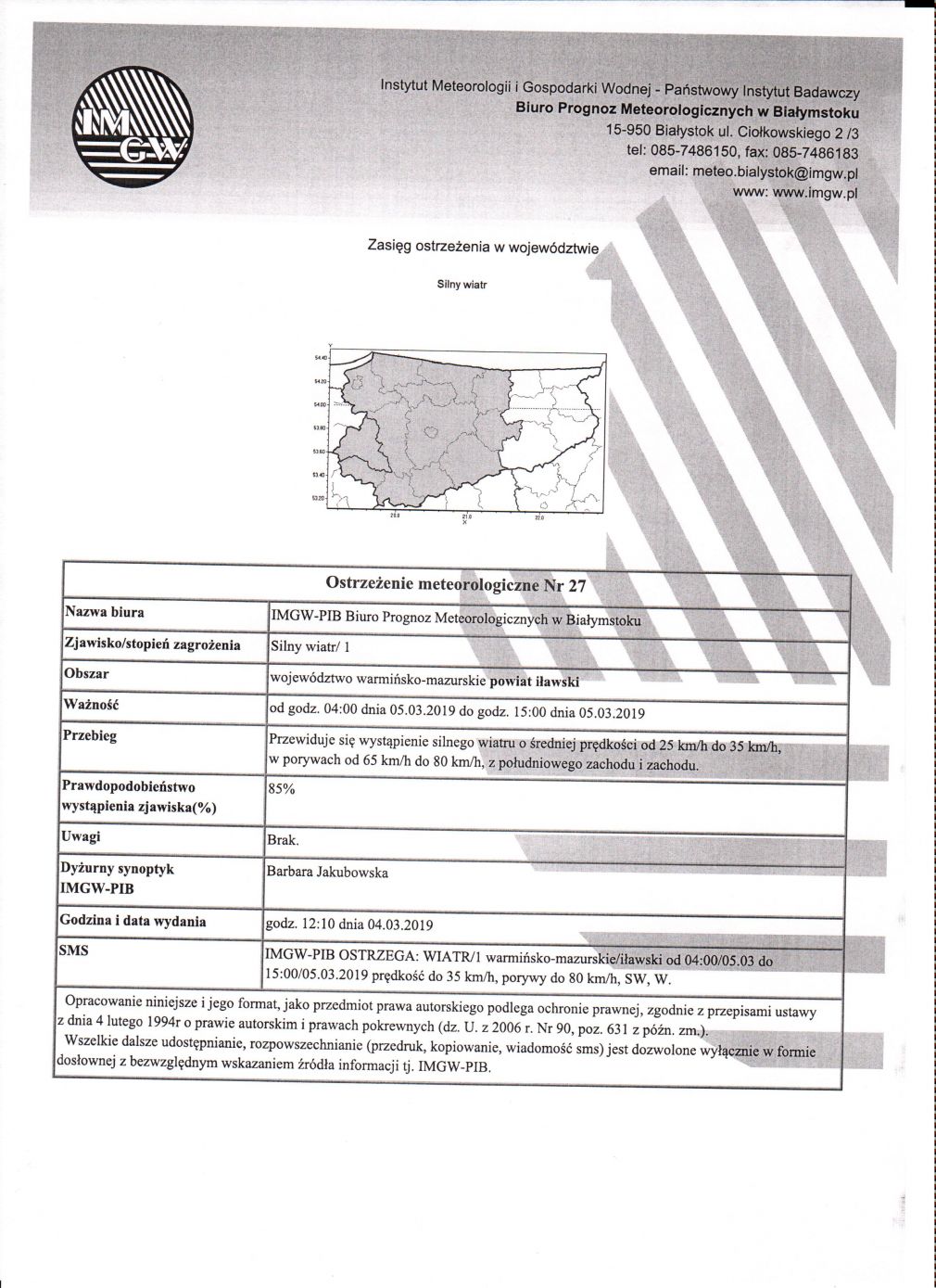 OSTRZEŻENIE METEOROLOGICZNE NR 27 z dnia 04.03.2019r.