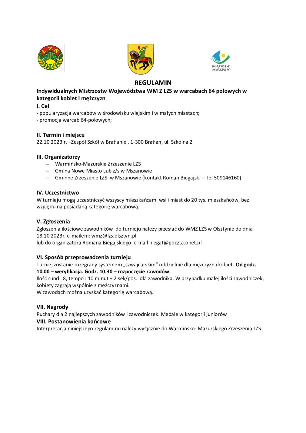 Indywidualne Mistrzostwa Województwa WM Z LZS w WARCABACH 64 polowych w kategorii K / M - 22.10.2023 Bratian