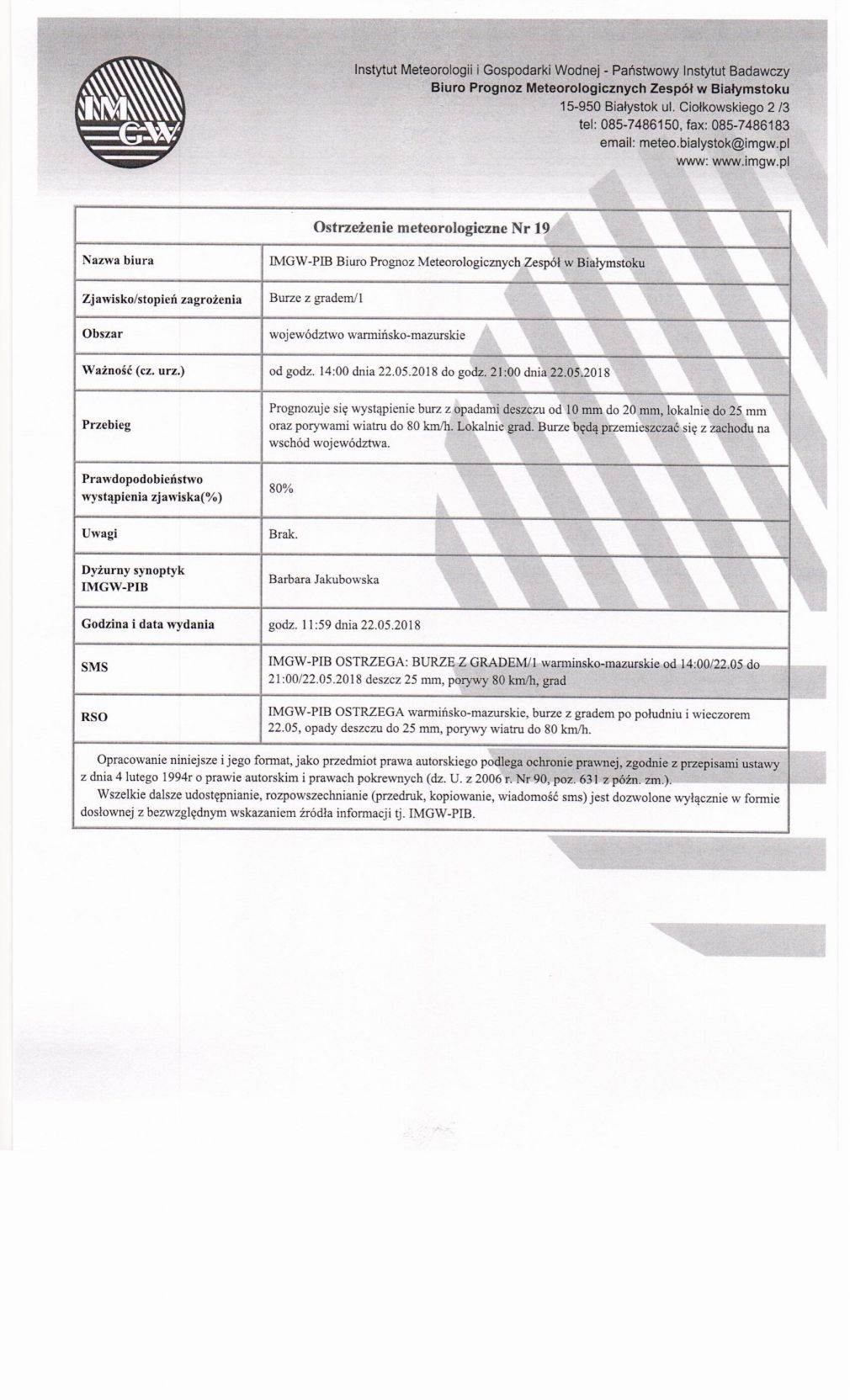 Ostrzeżenie meteorologiczne nr 19