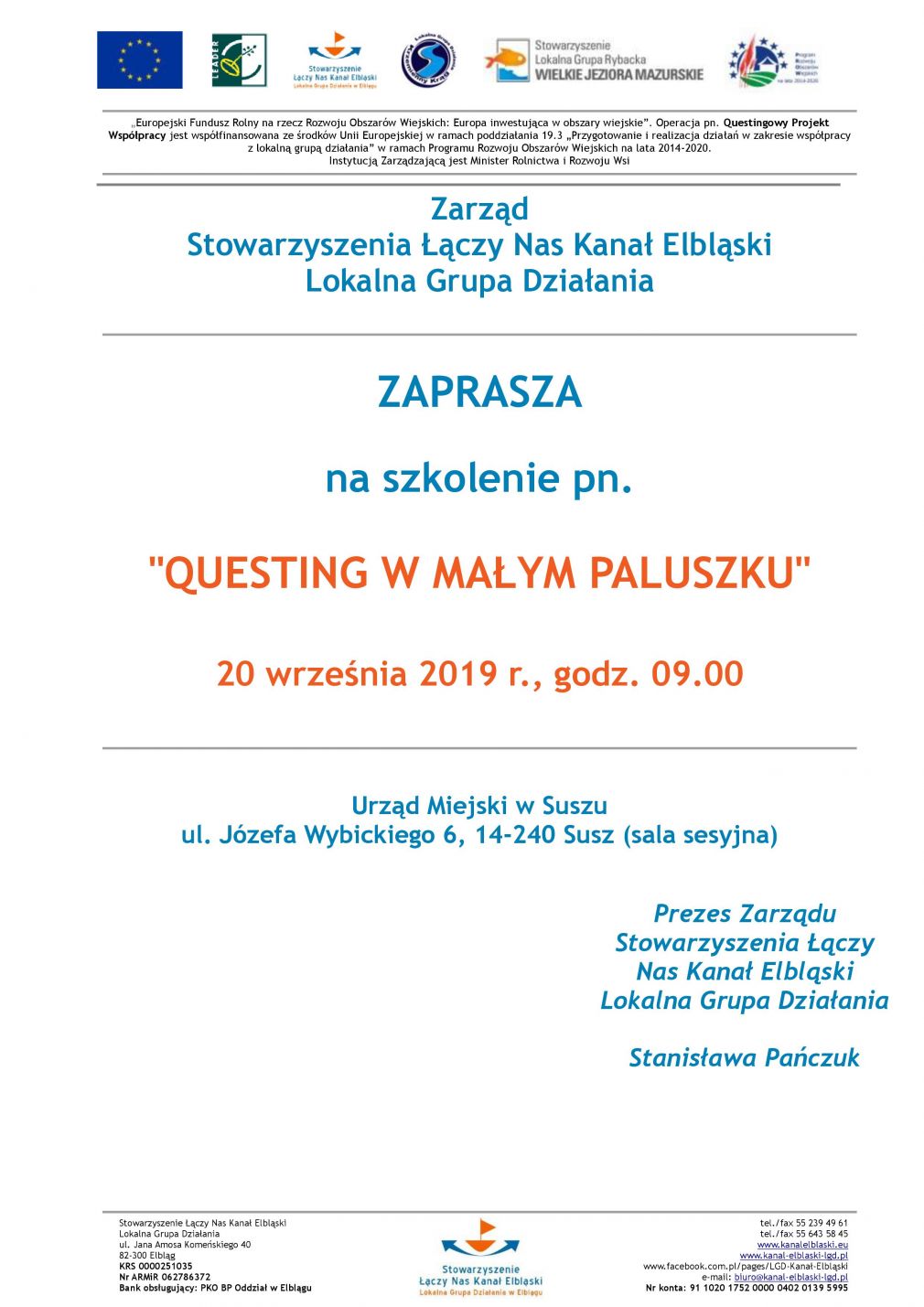 Zaproszenie na szkolenie pn. &quot;QUESTING W MAŁYM PALUSZKU&quot;