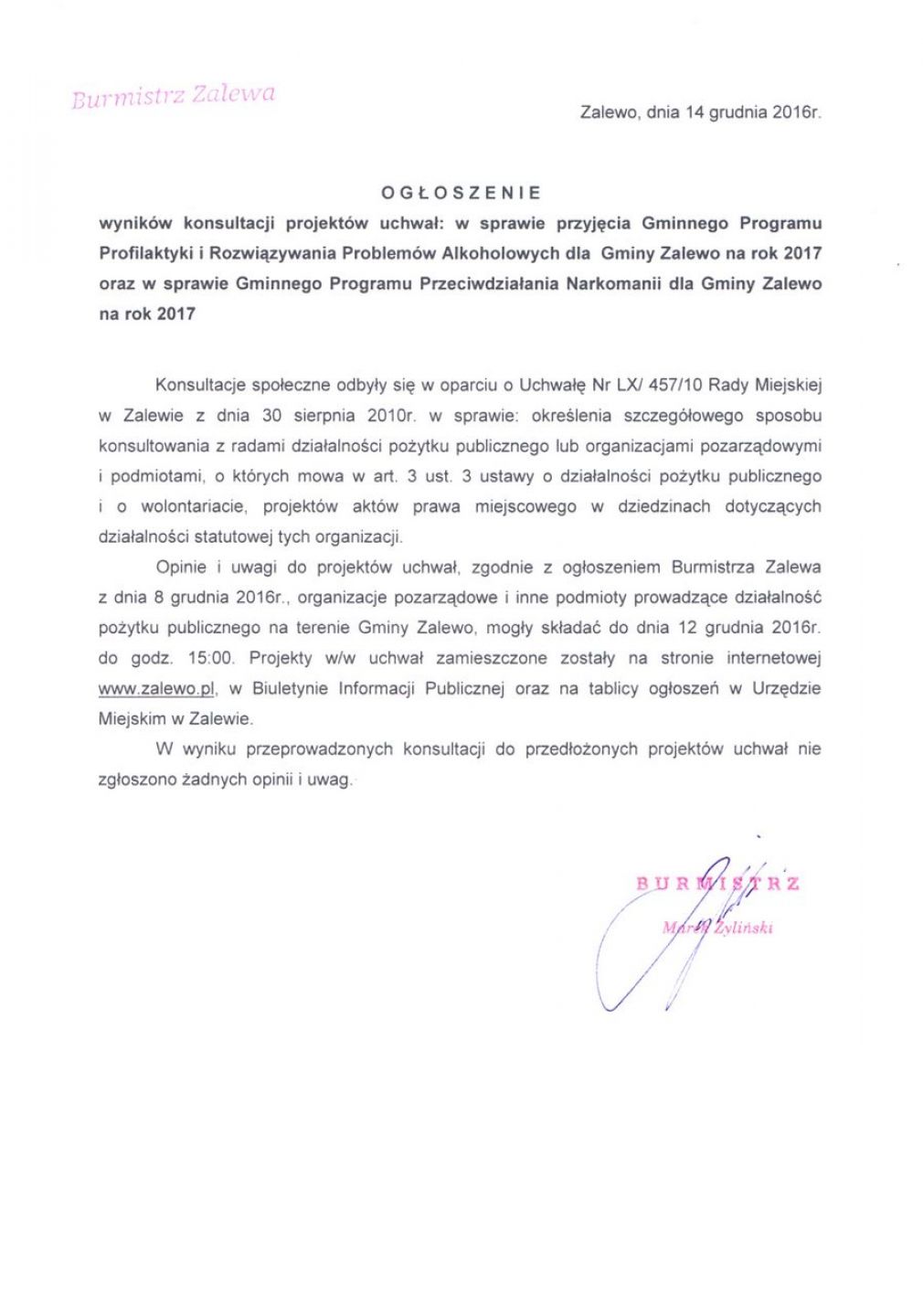 Ogłoszenie wyników konsultacji