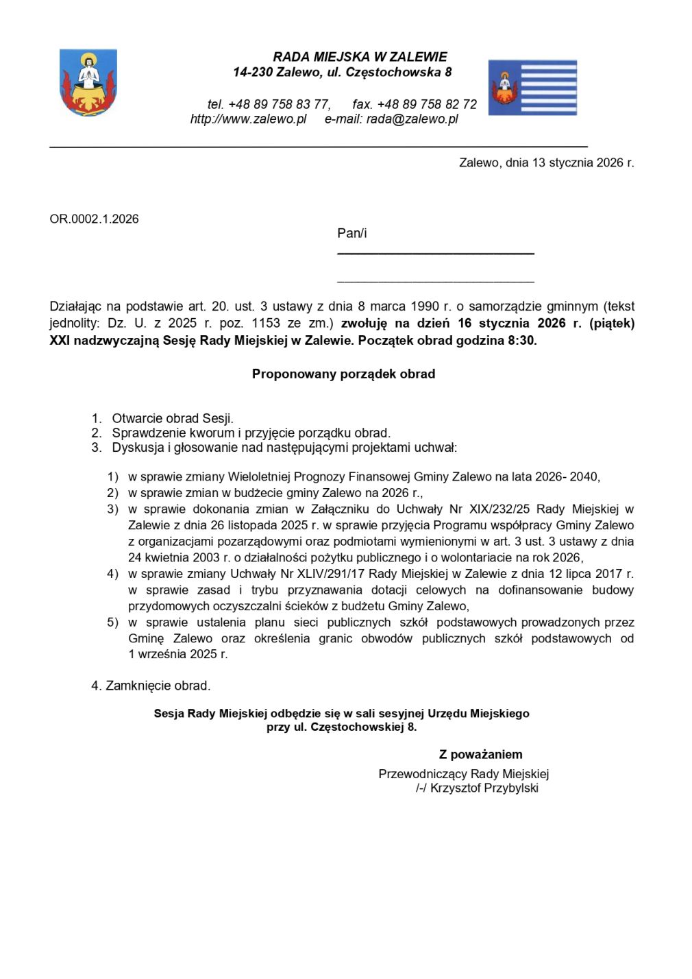 Zaproszenie na XXI nadzwyczajną Sesję Rady Miejskiej w Zalewie - 16.01.2026 r.