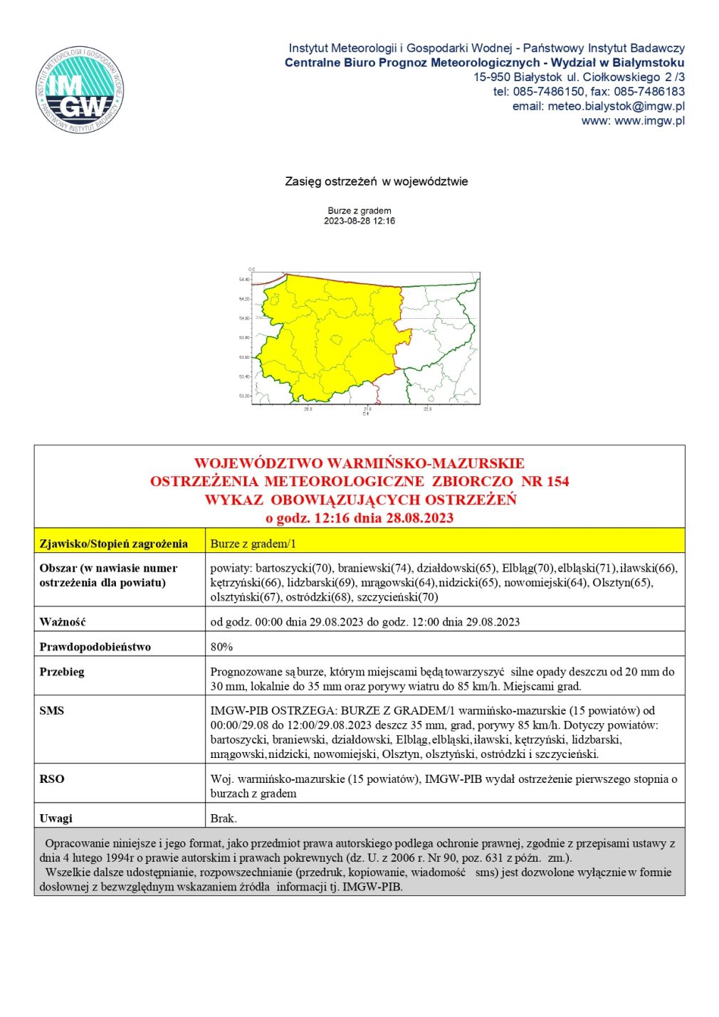 Ostrzeżenie meteorologiczne zbiorczo nr 154