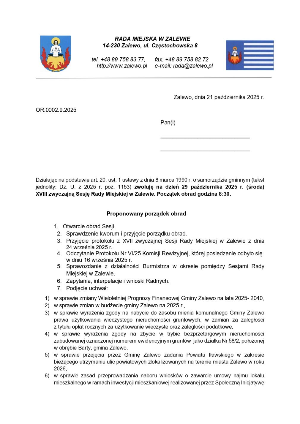 Zaproszenie na XVIII zwyczajną Sesję Rady Miejskiej w Zalewie