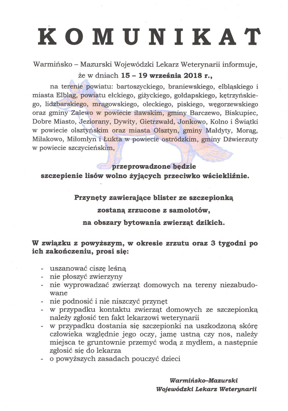 Komunikat ws. szczepień lisów wolno żyjących przeciwko wściekliźnie