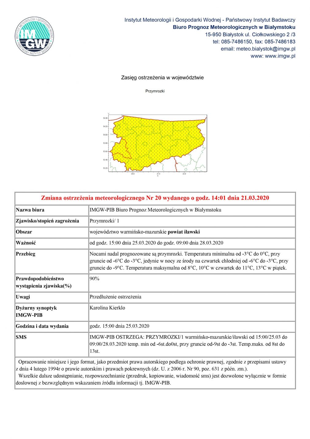 Zmiana ostrzeżenia meteorologicznego Nr 20 z dnia 21.03.2020 r.