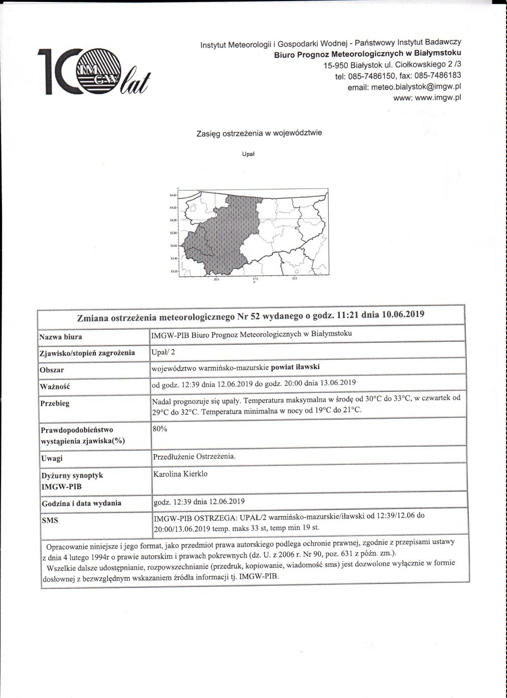 OSTRZEŻENIE METEOROLOGICZNE NR 52 z dnia 12.06.2019r.