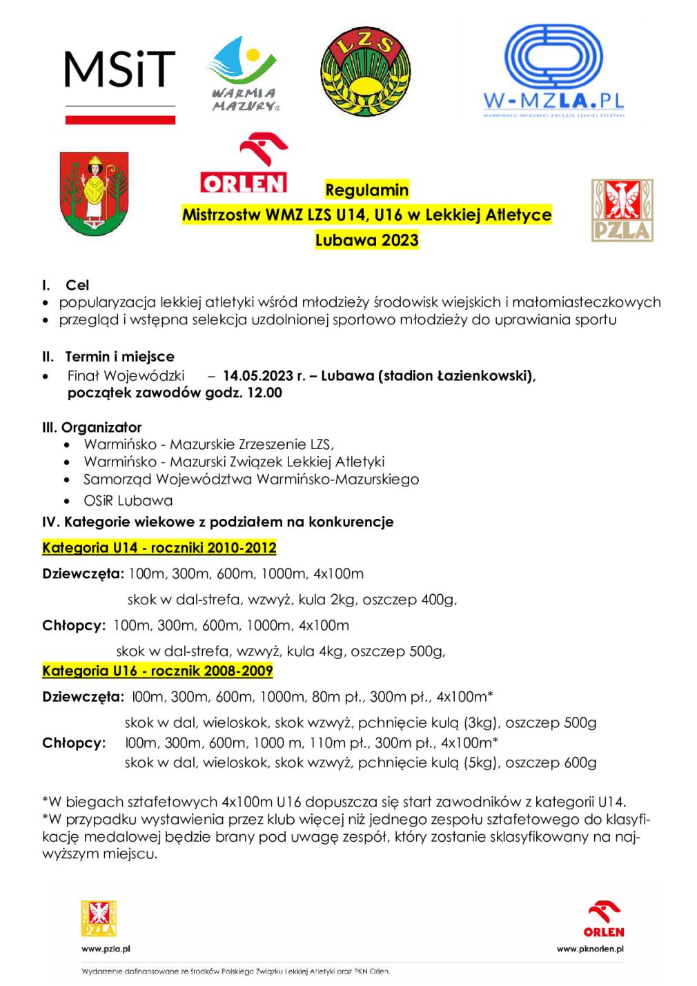 Mistrzostwa WMZ LZS U14, U16 w Lekkiej Atletyce Lubawa 2023 (zgłoszenia do 10.05.2023r.)