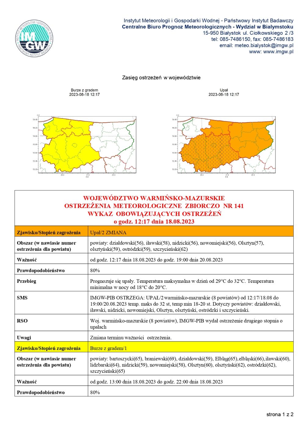 Ostrzeżenie meteorologiczne zbiorczo nr 141