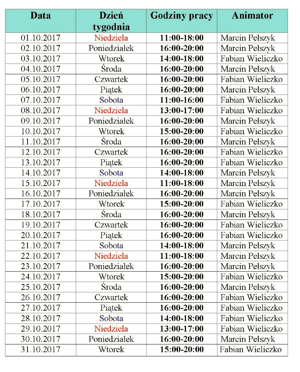 Harmonogram pracy Orlika w Zalewie - październik 2017