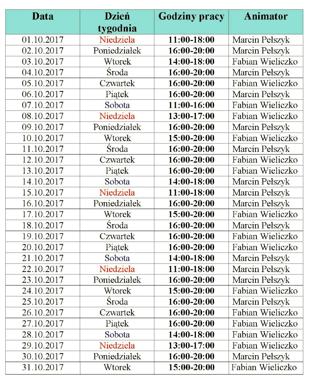 Harmonogram pracy Orlika w Zalewie - październik 2017
