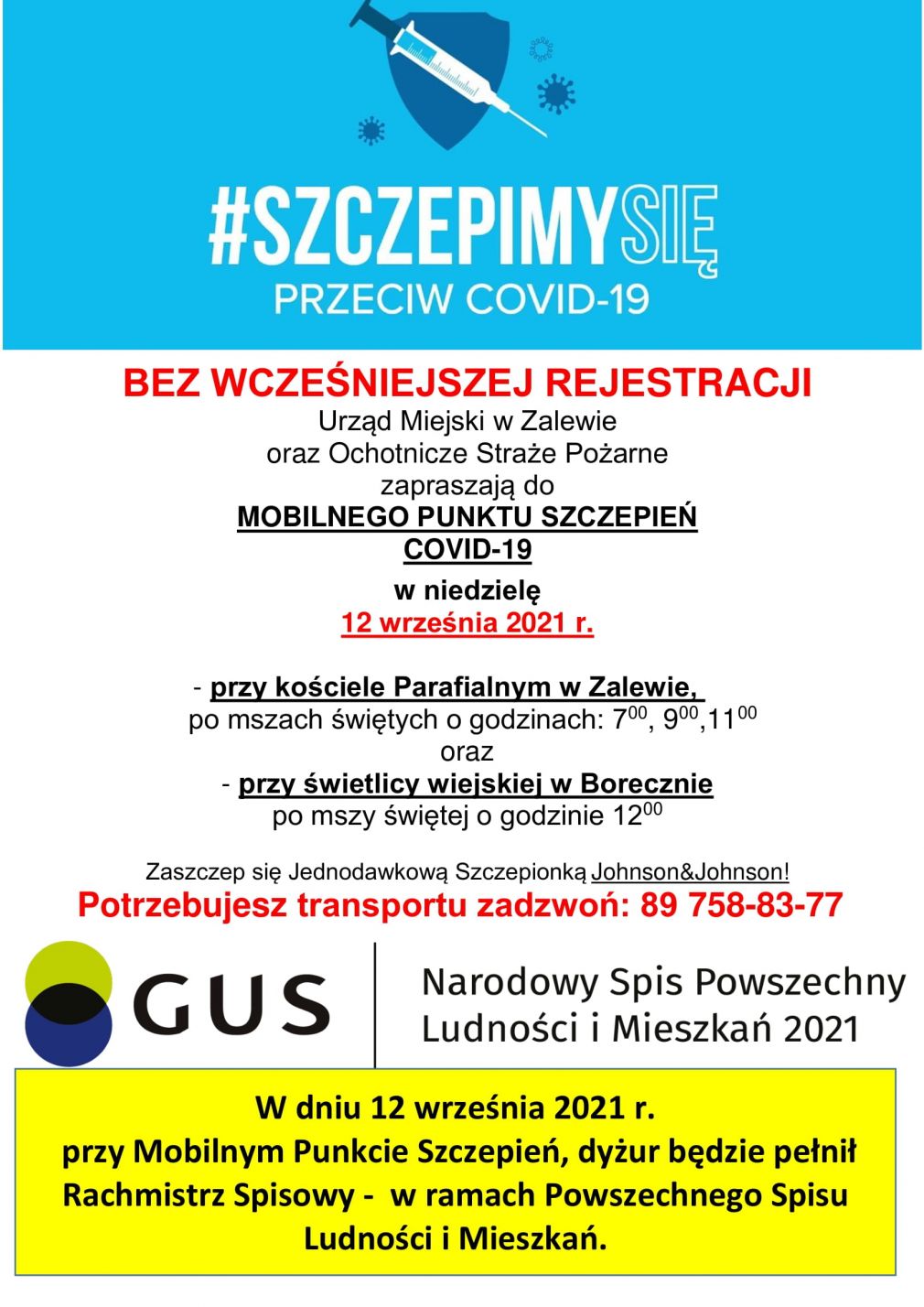 Zaproszenie do Mobilnego Punktu Szczepień oraz Spisu Powszechnego w dniu 12.09.2021 r.