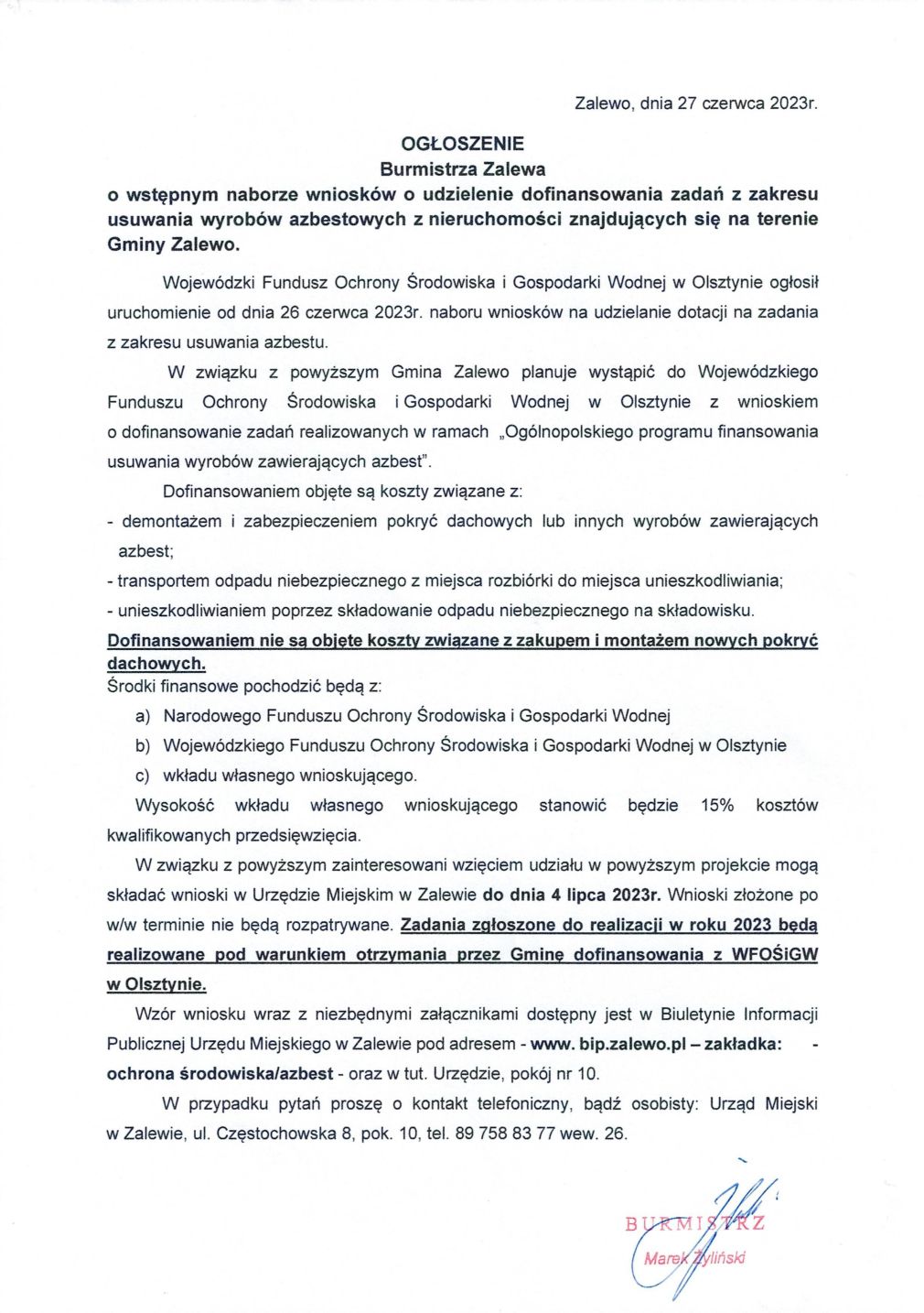 Ogłoszenie w wstępnym naborze o udzielenie dofinansowania z zakresu usuwania wyrobów azbestowych z nieruchomości