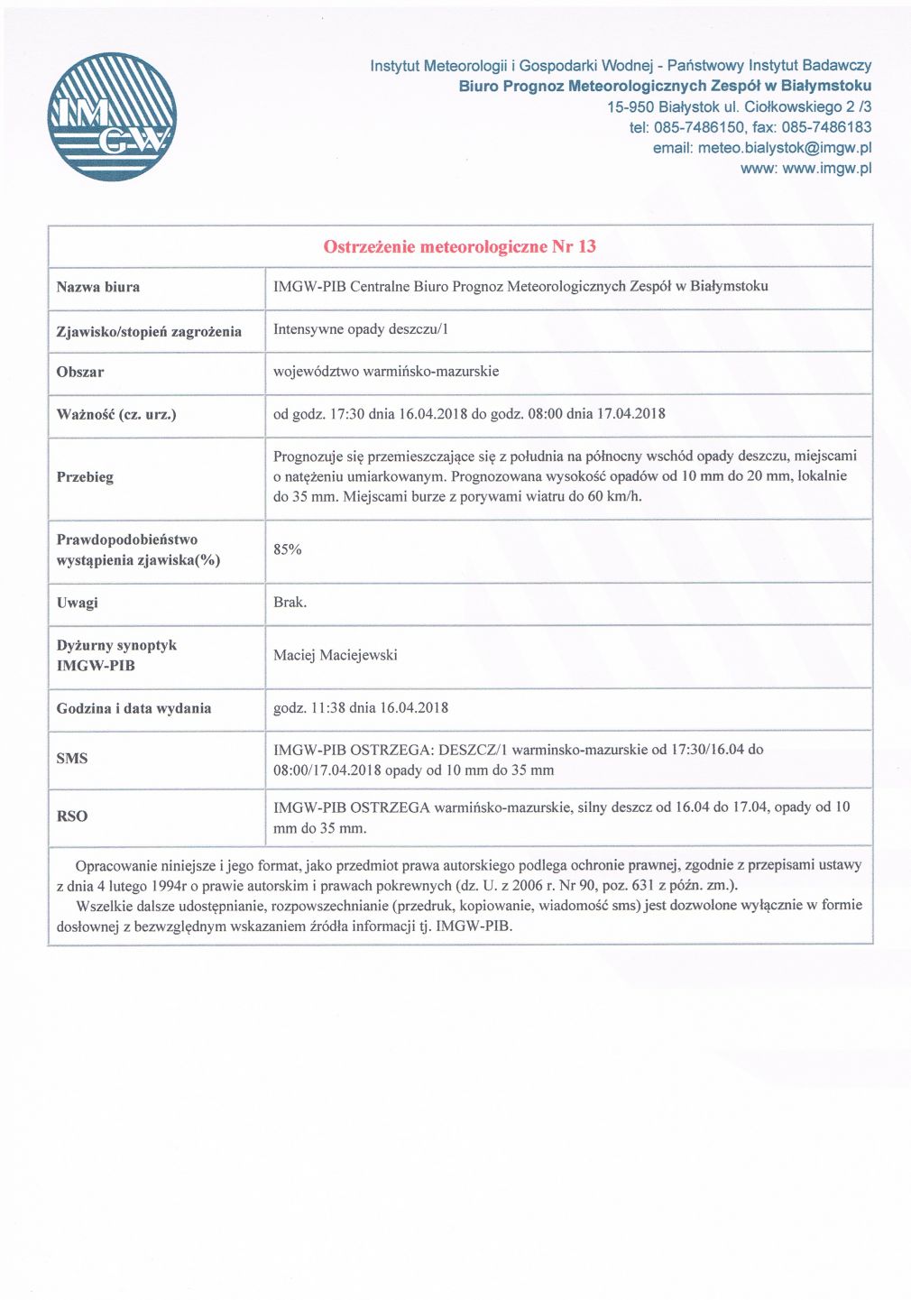 Ostrzeżenie meteorologiczne Nr 13