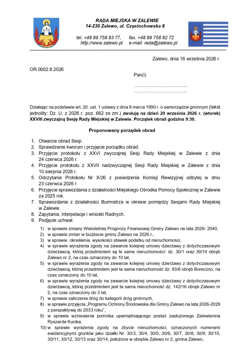 Zaproszenie na XXVIII zwyczajną Sesję Rady Miejskiej w Zalewie - 29.09.2026 r.