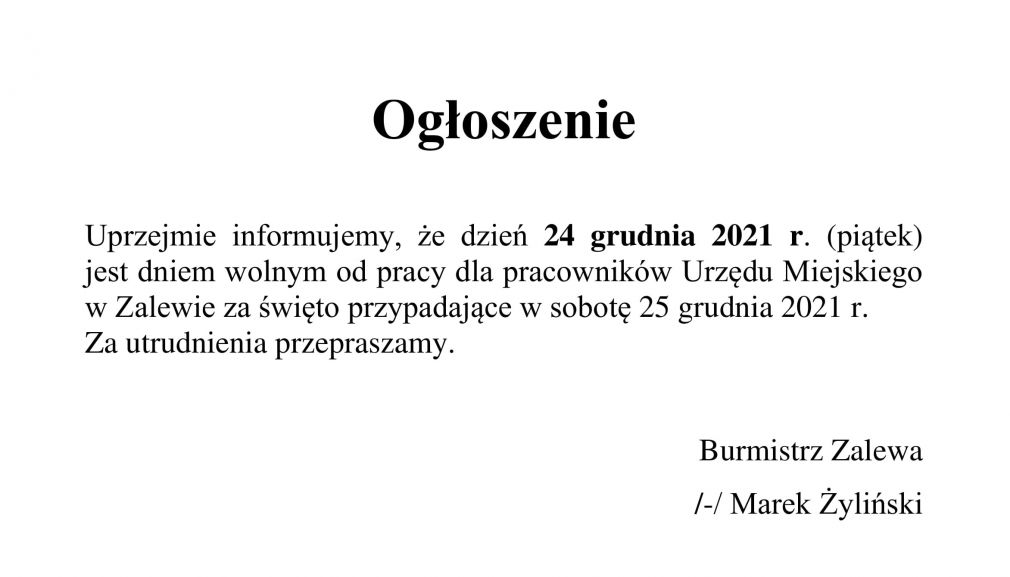 Ogłoszenie Burmistrza Zalewa