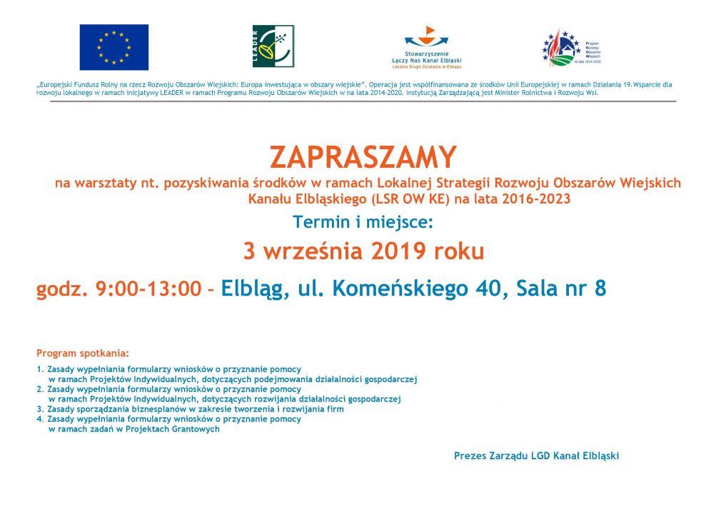 Zaproszenie na warsztaty nt. pozyskiwania środków w ramach LSR OW Kanału Elbląskiego na lata 2016-2023
