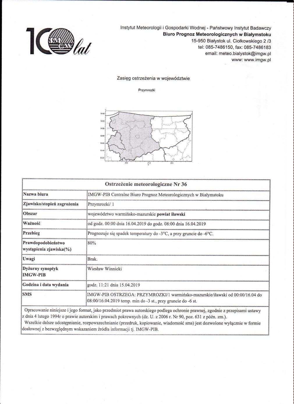 OSTRZEŻENIE METEOROLOGICZNE Nr 36