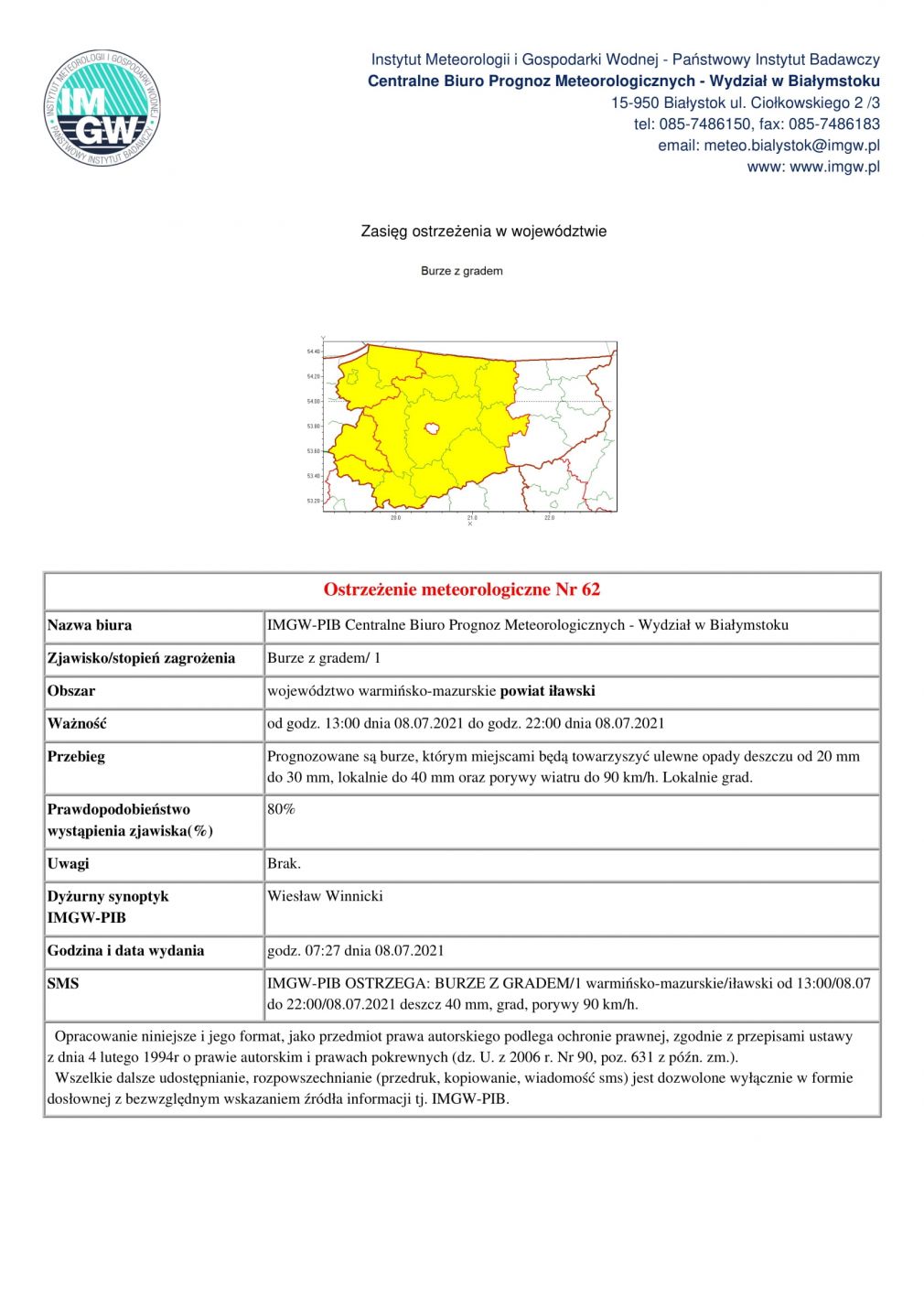 Ostrzeżenie meteorologiczne Nr 62