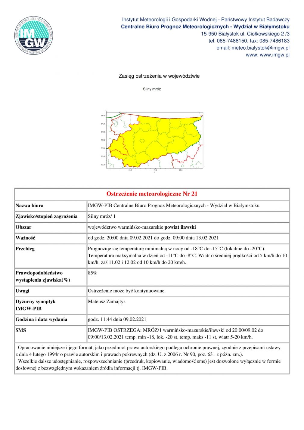 Ostrzeżenie meteorologiczne Nr 21