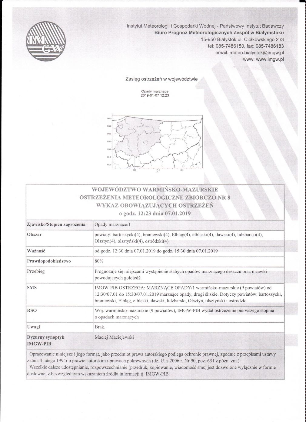 OSTRZEŻENIE METEOROLOGICZNE NR 8