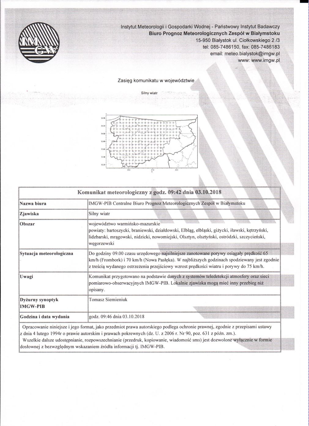 Komunikat meteorologiczny z godz. 09:42 z dnia 03.10.2018r.