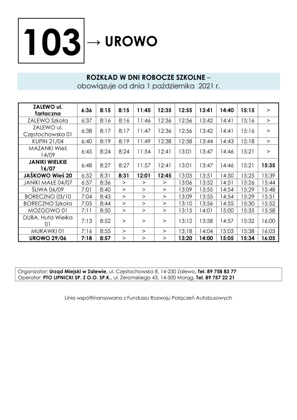 linia autobusowa Zalewo-Jaśkowo-Boreczno-Urowo