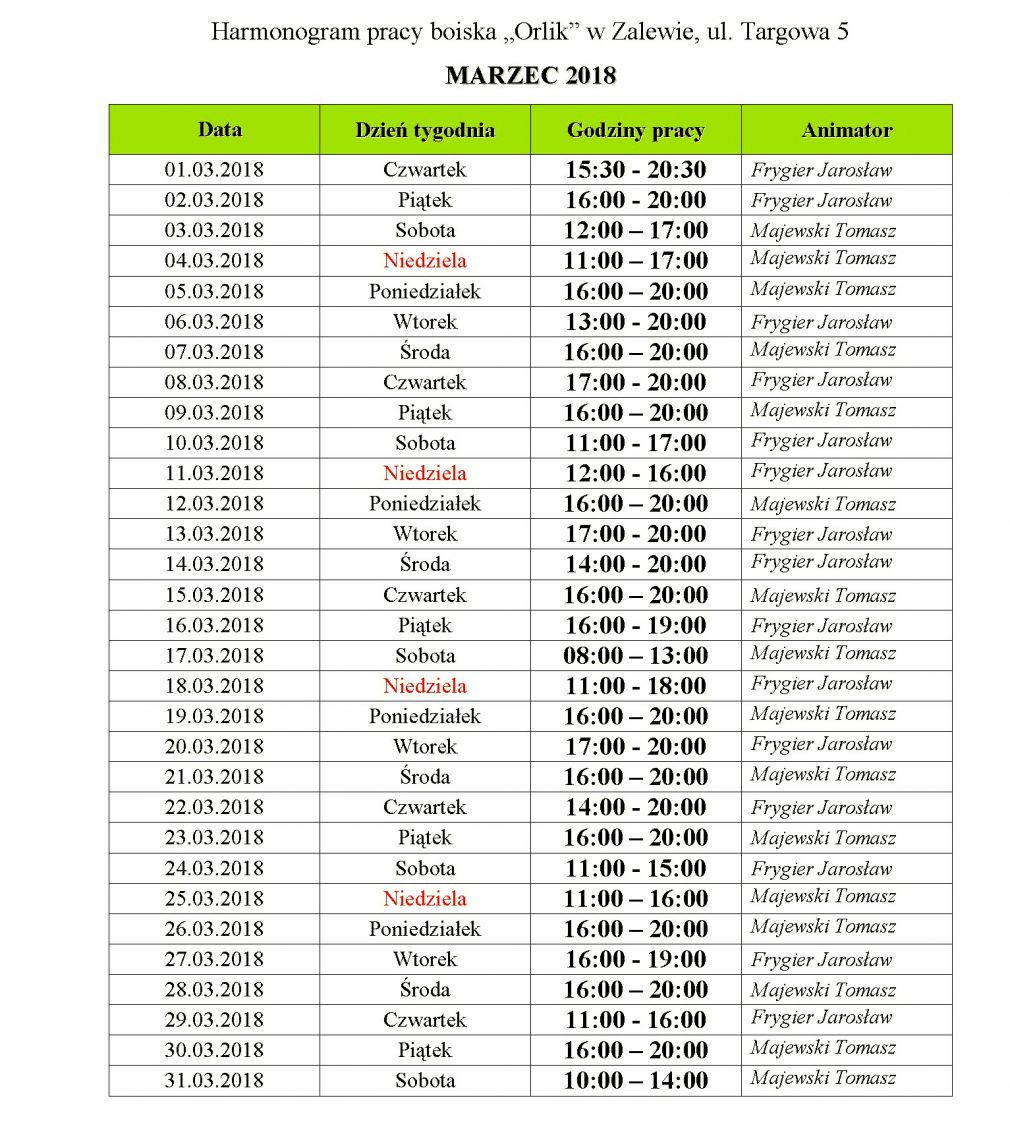 Harmonogram pracy Orlika w Zalewie - MARZEC 2018